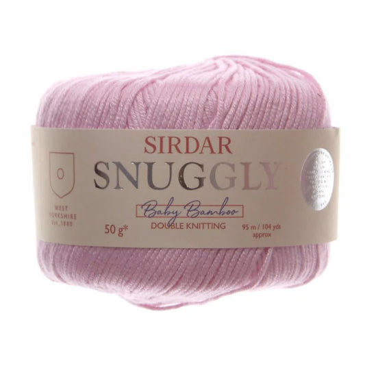 Pink ball of Sirdar Snuggly Baby Bamboo yarn on a white background