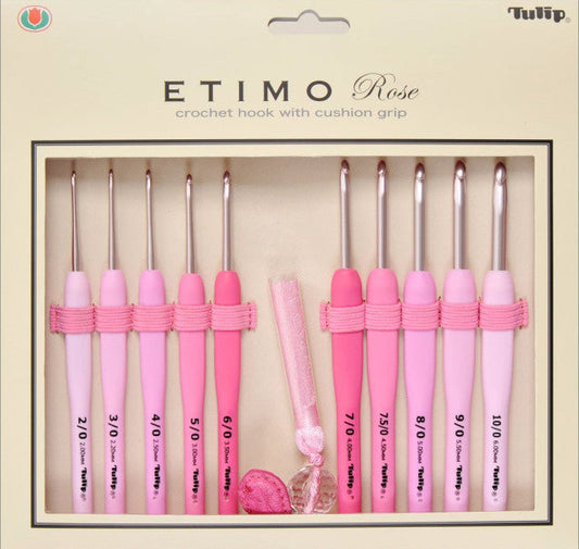 Set of Tulip Etimo Rose crochet hooks with cushion grip in packaging